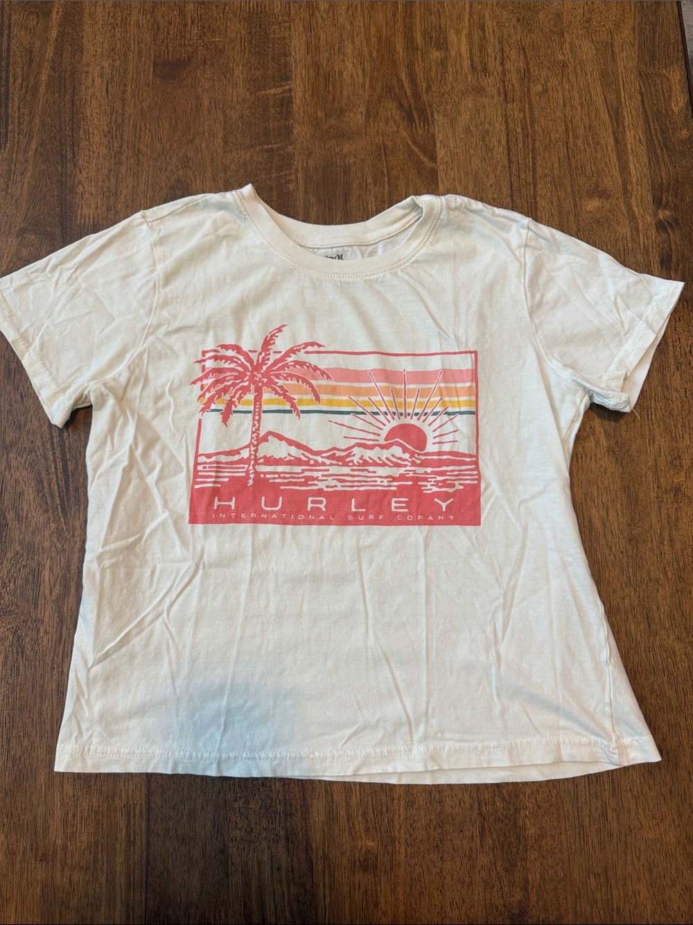 Hurley White Tee with Pink Sunset Graphic